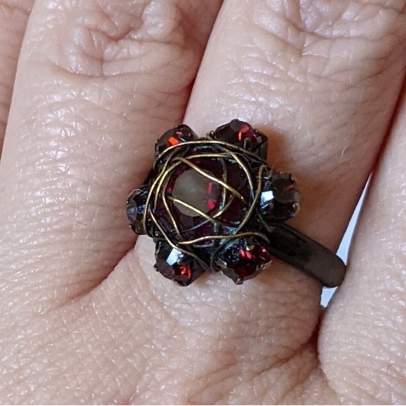 KLONPLOTT Bended Lights Wire Wrapped Red Stones Brass Ring Jewelry Adjustable - Picture 4 of 6